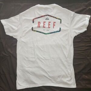 Reef Men's white graphic short sleeve t-shirt  logo print on back. Mens Large